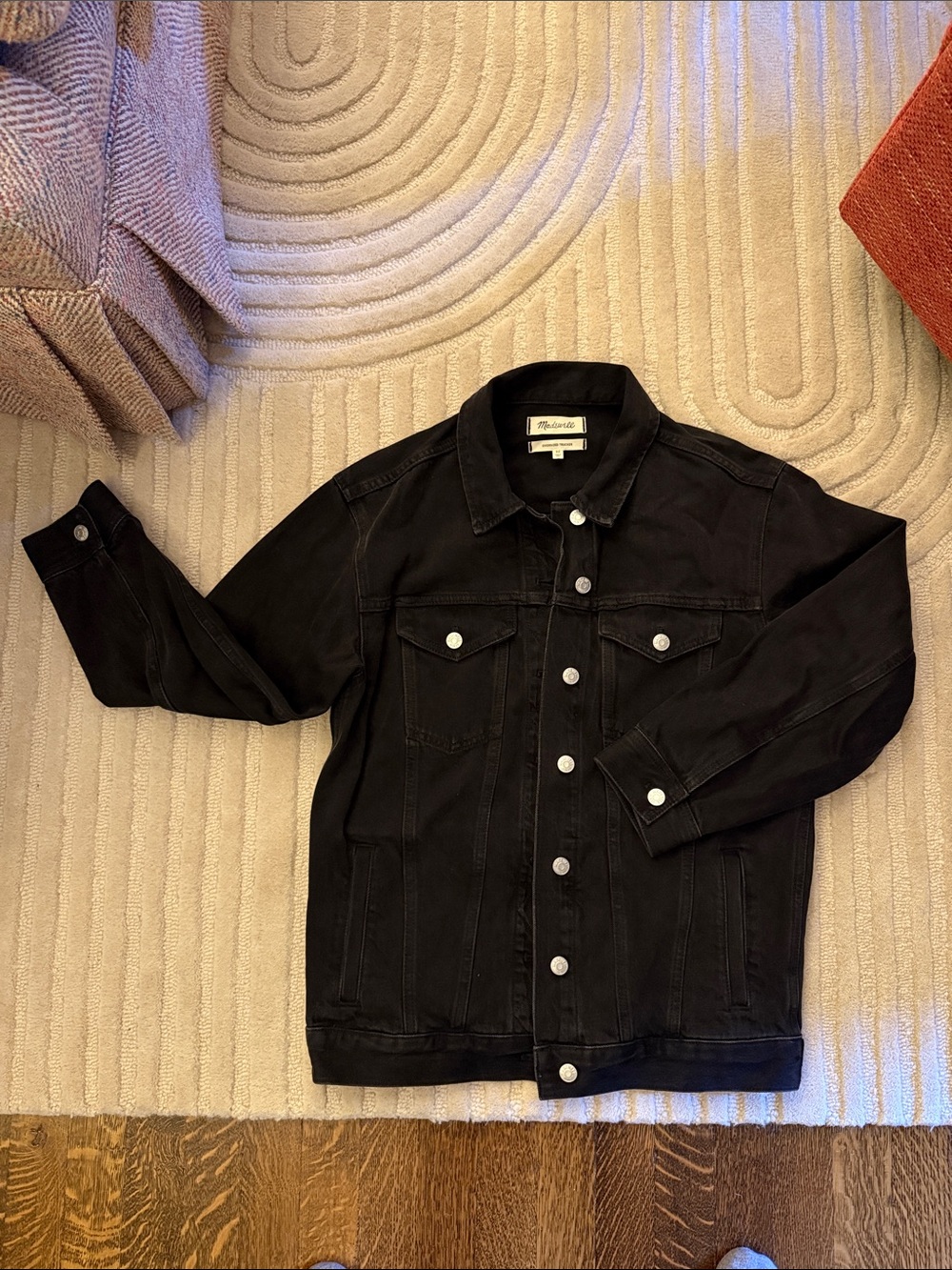 Oversized Trucker Black Denim Jacket with Snap Buttons